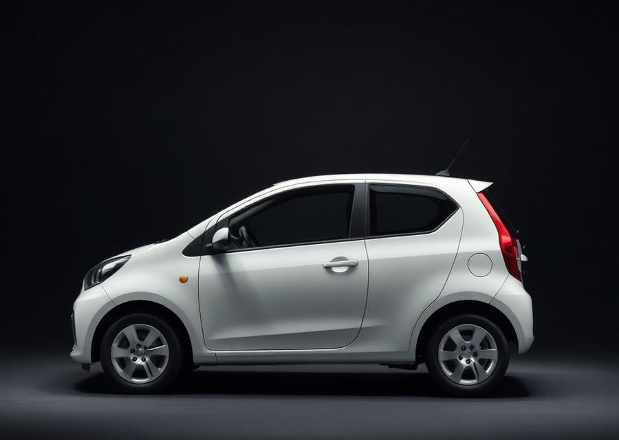 White economy city car on a dark studio background